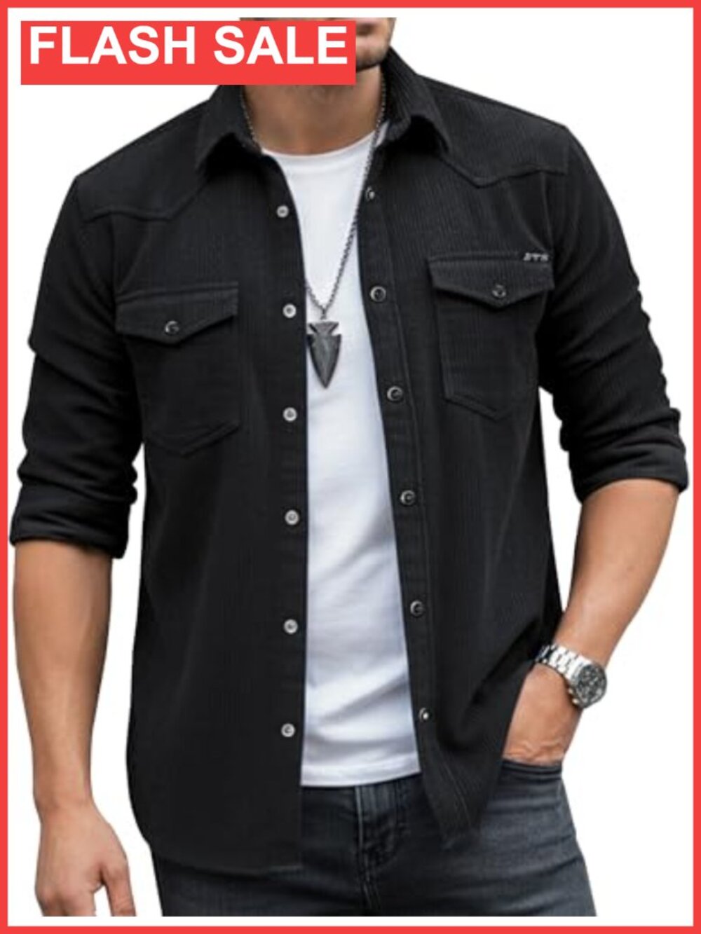 Men's Corduroy Snap Button Down Shirt Jacket Western Long Sleeve Shacket with